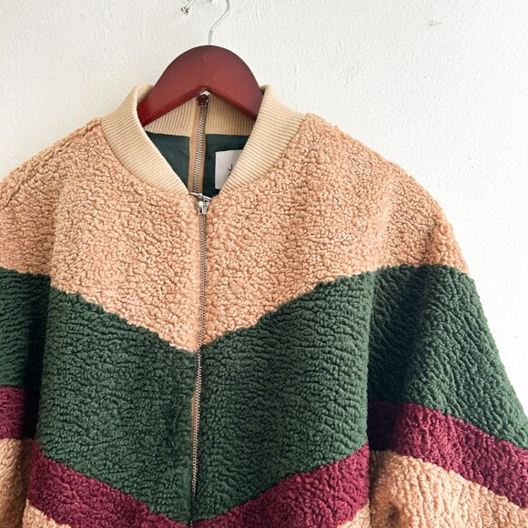 REVOLVE X J.O.A. Colorblock Teddy Faux Fur Jacket In Beige & Forest SZ Small - Picture 8 of 11